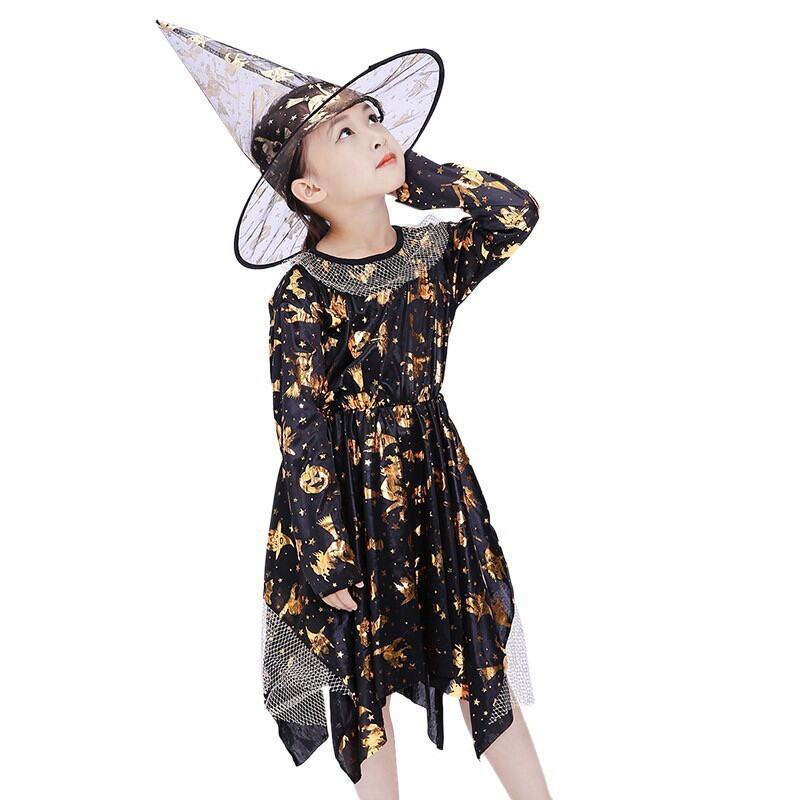 ชุดแม่มดฮาโลวีนเด็กหญิง ชุดคอสเพลย์แฟนซีลายฟักทอง พร้อมผ้าคลุม+หมวก ผ้านุ่มใส่สบาย สำหรับปาร์ตี้ฮาโลวีน 2025