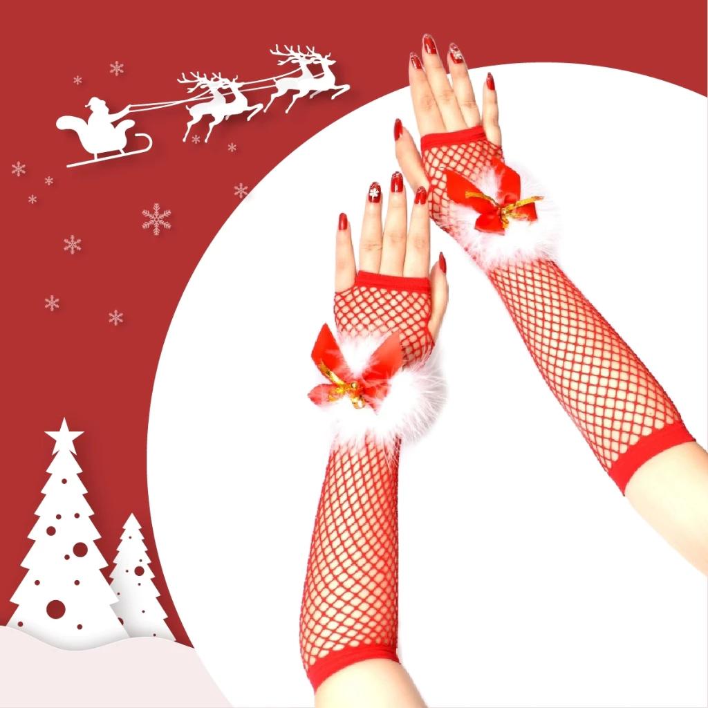 ถุงมือตาข่ายยาวคริสต์มาส สีแดงโบว์ เซ็กซี่ แฟนซี ชุดแฟนซี xmas ปาร์ตี้ roleplay ใส่สบาย ไม่บาดผิว พร้อมส่ง