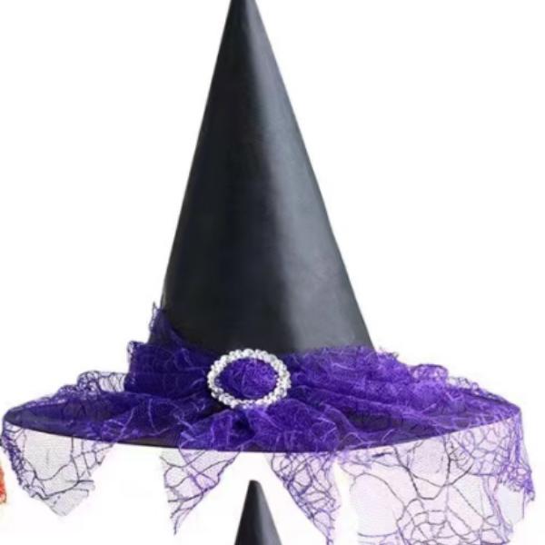 หมวกแม่มดฮาโลวีน ลายลูกไม้ ผ้าคลุมหน้าแฟนซี พร็อพแต่งตัวปาร์ตี้คอสเพลย์แม่มดสุดหลอน
