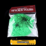 ใยแมงมุมปลอมสีสันสดใส พร้อมแมงมุมตกแต่ง พร็อพปาร์ตี้ฮาโลวีน ตกแต่งบ้านผีสิง ฉากหนีห้องผีสิง