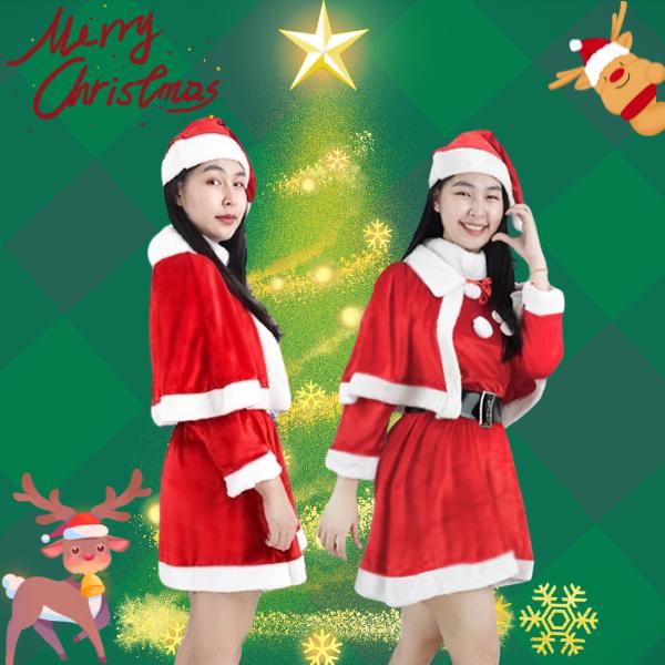 ชุดซานตี้ผู้ใหญ่สตรีชุดคริสต์มาสแฟนซีมัลติฟังก์ชั่นหมวก+ผ้าคลุมไหล่ในช่วงปาร์ตี้ X-mas พร้อมส่ง