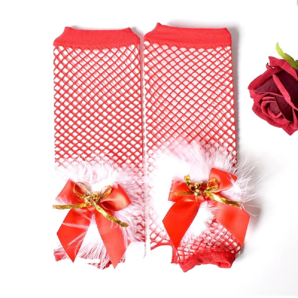 ถุงมือตาข่ายยาวคริสต์มาส สีแดงโบว์ เซ็กซี่ แฟนซี ชุดแฟนซี xmas ปาร์ตี้ roleplay ใส่สบาย ไม่บาดผิว พร้อมส่ง