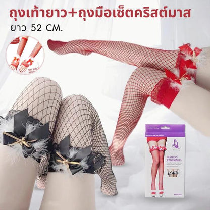 ถุงมือตาข่ายยาวคริสต์มาส สีแดง โบว์ เซ็กซี่ แฟนซี ปาร์ตี้ xmas roleplay แดงดำ ใส่สบาย ไม่บาดผิว ชุดคริสต์มาส พร้อมส่ง