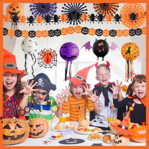 Halloween Paper Lantern Set – Pumpkin, Ghost, Bat & Skull Hanging Decorations for Party & Home Décor ป้ายไวนิล  สําเร็จรูป  ส้มตํา