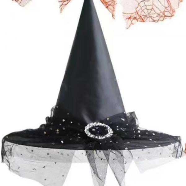 หมวกแม่มดฮาโลวีน ลายลูกไม้ ผ้าคลุมหน้าแฟนซี พร็อพแต่งตัวปาร์ตี้คอสเพลย์แม่มดสุดหลอน