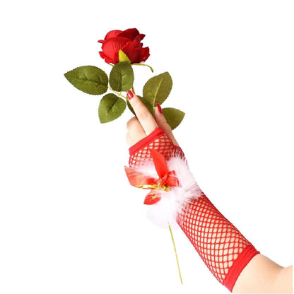 ถุงมือตาข่ายยาวคริสต์มาส สีแดงโบว์ เซ็กซี่ แฟนซี ชุดแฟนซี xmas ปาร์ตี้ roleplay ใส่สบาย ไม่บาดผิว พร้อมส่ง