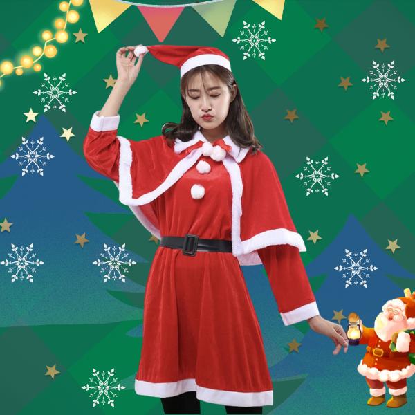 ชุดซานตี้ผู้ใหญ่สตรีชุดคริสต์มาสแฟนซีมัลติฟังก์ชั่นหมวก+ผ้าคลุมไหล่ในช่วงปาร์ตี้ X-mas พร้อมส่ง