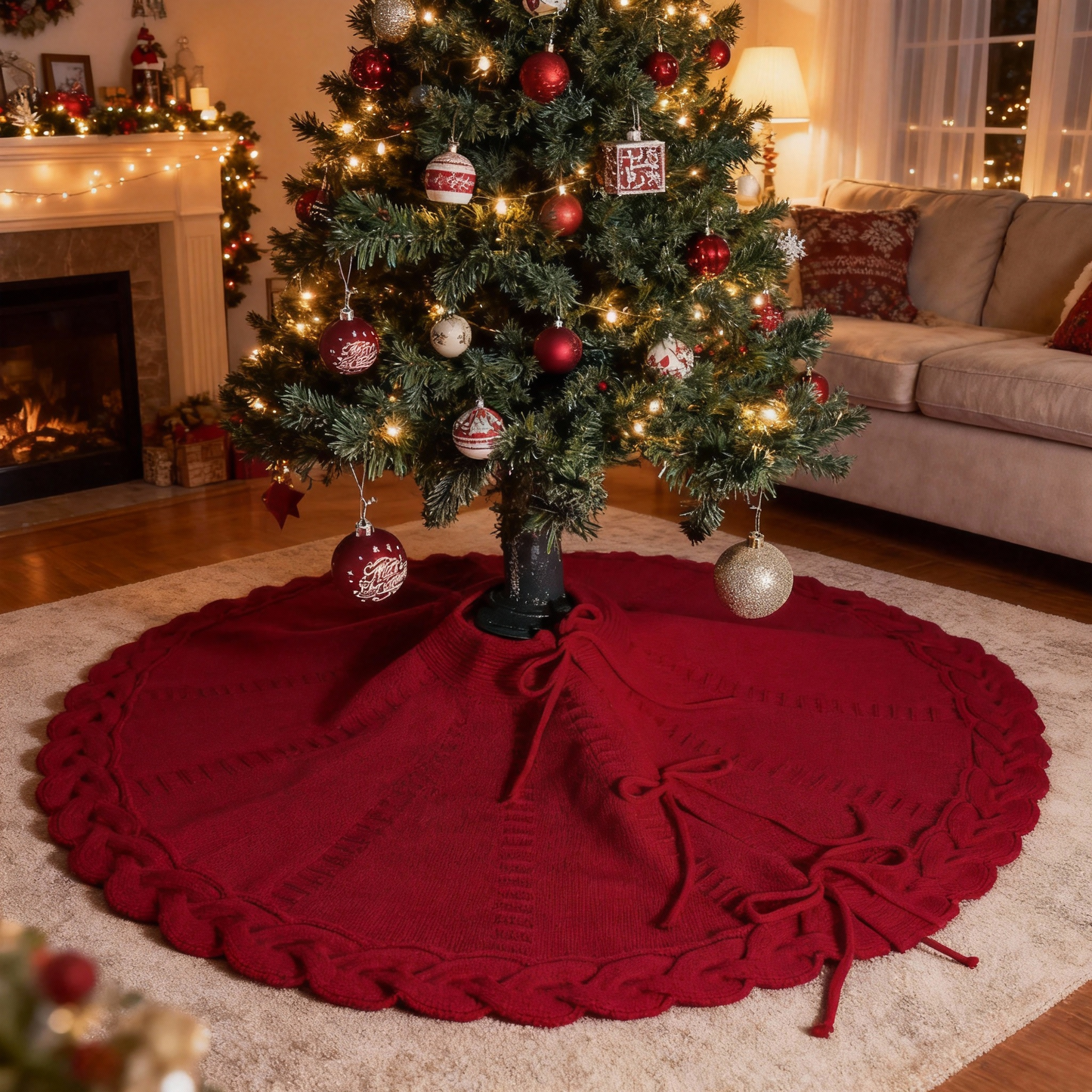 กระโปรงต้นคริสต์มาสสีแดง 18.11 นิ้วพรมต้นไม้ Dia สําหรับวันหยุดห้องนอนบ้าน