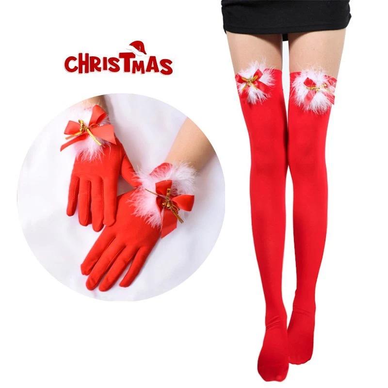 ชุดคริสต์มาสกับถุงน่อง สีแดง โบว์ ตาข่าย xmas ชุดแฟนซี ปาร์ตี้โรลเพลย์ ชุดคู่จัดส่งไม่บาดผิว พร้อมส่ง