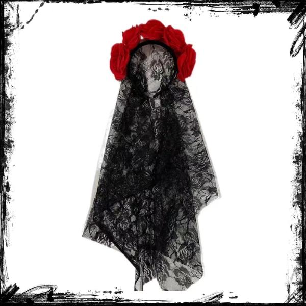 ที่คาดผมเจ้าสาวฮาโลวีน ดอกไม้ลูกไม้สีดำ ผ้าคลุมหน้าแฟชั่น คอสเพลย์โกธิค สำหรับปาร์ตี้แต่งหน้า