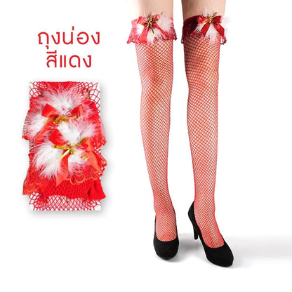 ถุงมือตาข่ายยาวคริสต์มาส สีแดงโบว์ เซ็กซี่ แฟนซี ชุดแฟนซี xmas ปาร์ตี้ roleplay ใส่สบาย ไม่บาดผิว พร้อมส่ง